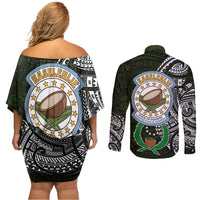 Pohnpei Federated States Of Micronesia Couples Matching Off Shoulder Short Dress and Long Sleeve Button Shirt Polynesian Tribal Heritage Art With Kaselehlie State Seal
