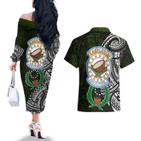 Pohnpei Federated States Of Micronesia Couples Matching Off The Shoulder Long Sleeve Dress and Hawaiian Shirt Polynesian Tribal Heritage Art With Kaselehlie State Seal