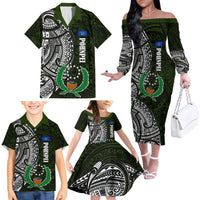 Pohnpei Federated States Of Micronesia Family Matching Off The Shoulder Long Sleeve Dress and Hawaiian Shirt Polynesian Tribal Heritage Art With Kaselehlie State Seal