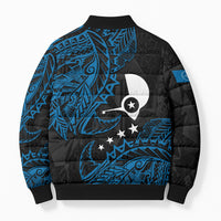Yap Island Tribal Heritage Bomber Puffer Jacket Micronesian Polynesian Tattoo Pattern Blue Black Cultural Art