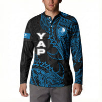 Yap Island Tribal Heritage Button Sweatshirt Micronesian Polynesian Tattoo Pattern Blue Black Cultural Art