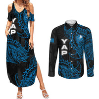 Yap Island Tribal Heritage Couples Matching Summer Maxi Dress and Long Sleeve Button Shirt Micronesian Polynesian Tattoo Pattern Blue Black Cultural Art