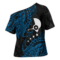 Yap Island Tribal Heritage Cross Shoulder Shirt Micronesian Polynesian Tattoo Pattern Blue Black Cultural Art