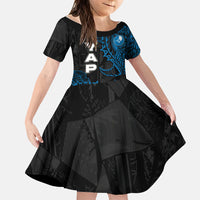 Yap Island Tribal Heritage Family Matching Off The Shoulder Long Sleeve Dress and Hawaiian Shirt Micronesian Polynesian Tattoo Pattern Blue Black Cultural Art