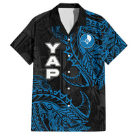 Yap Island Tribal Heritage Family Matching Off The Shoulder Long Sleeve Dress and Hawaiian Shirt Micronesian Polynesian Tattoo Pattern Blue Black Cultural Art