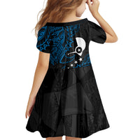 Yap Island Tribal Heritage Family Matching Off Shoulder Maxi Dress and Hawaiian Shirt Micronesian Polynesian Tattoo Pattern Blue Black Cultural Art
