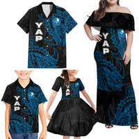 Yap Island Tribal Heritage Family Matching Off Shoulder Maxi Dress and Hawaiian Shirt Micronesian Polynesian Tattoo Pattern Blue Black Cultural Art