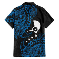 Yap Island Tribal Heritage Family Matching Off Shoulder Short Dress and Hawaiian Shirt Micronesian Polynesian Tattoo Pattern Blue Black Cultural Art