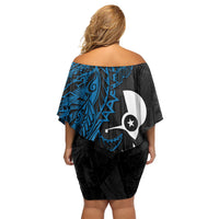 Yap Island Tribal Heritage Family Matching Off Shoulder Short Dress and Hawaiian Shirt Micronesian Polynesian Tattoo Pattern Blue Black Cultural Art