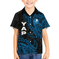 Yap Island Tribal Heritage Family Matching Off Shoulder Short Dress and Hawaiian Shirt Micronesian Polynesian Tattoo Pattern Blue Black Cultural Art