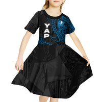 Yap Island Tribal Heritage Kid Short Sleeve Dress Micronesian Polynesian Tattoo Pattern Blue Black Cultural Art