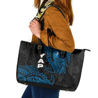 Yap Island Tribal Heritage Leather Tote Bag Micronesian Polynesian Tattoo Pattern Blue Black Cultural Art