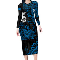 Yap Island Tribal Heritage Long Sleeve Bodycon Dress Micronesian Polynesian Tattoo Pattern Blue Black Cultural Art