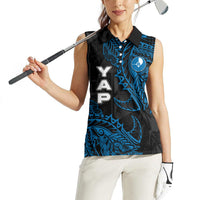 Yap Island Tribal Heritage Women Sleeveless Polo Shirt Micronesian Polynesian Tattoo Pattern Blue Black Cultural Art