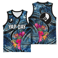 Yap Day Island Floral Tribal Heritage Basketball Jersey Micronesian Hibiscus Pattern Polynesian Tattoo Blue Art