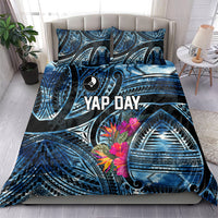 Yap Day Island Floral Tribal Heritage Bedding Set Micronesian Hibiscus Pattern Polynesian Tattoo Blue Art