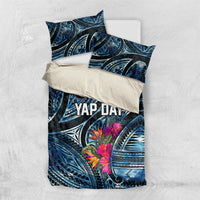 Yap Day Island Floral Tribal Heritage Bedding Set Micronesian Hibiscus Pattern Polynesian Tattoo Blue Art
