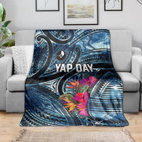 Yap Day Island Floral Tribal Heritage Blanket Micronesian Hibiscus Pattern Polynesian Tattoo Blue Art