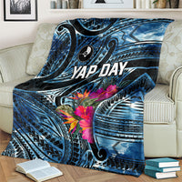 Yap Day Island Floral Tribal Heritage Blanket Micronesian Hibiscus Pattern Polynesian Tattoo Blue Art
