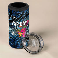 Yap Day Island Floral Tribal Heritage 4 in 1 Can Cooler Tumbler Micronesian Hibiscus Pattern Polynesian Tattoo Blue Art