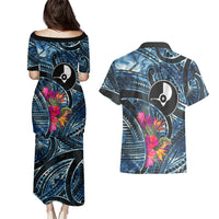 Yap Day Island Floral Tribal Heritage Couples Matching Puletasi and Hawaiian Shirt Micronesian Hibiscus Pattern Polynesian Tattoo Blue Art