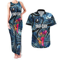 Yap Day Island Floral Tribal Heritage Couples Matching Tank Maxi Dress and Hawaiian Shirt Micronesian Hibiscus Pattern Polynesian Tattoo Blue Art