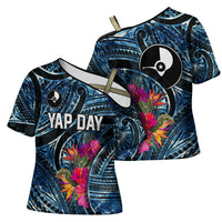 Yap Day Island Floral Tribal Heritage Cross Shoulder Shirt Micronesian Hibiscus Pattern Polynesian Tattoo Blue Art