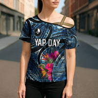 Yap Day Island Floral Tribal Heritage Cross Shoulder Shirt Micronesian Hibiscus Pattern Polynesian Tattoo Blue Art