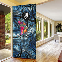 Yap Day Island Floral Tribal Heritage Door Cover Micronesian Hibiscus Pattern Polynesian Tattoo Blue Art