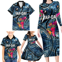 Yap Day Island Floral Tribal Heritage Family Matching Long Sleeve Bodycon Dress and Hawaiian Shirt Micronesian Hibiscus Pattern Polynesian Tattoo Blue Art