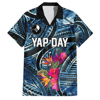 Yap Day Island Floral Tribal Heritage Family Matching Off The Shoulder Long Sleeve Dress and Hawaiian Shirt Micronesian Hibiscus Pattern Polynesian Tattoo Blue Art