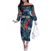 Yap Day Island Floral Tribal Heritage Family Matching Off The Shoulder Long Sleeve Dress and Hawaiian Shirt Micronesian Hibiscus Pattern Polynesian Tattoo Blue Art