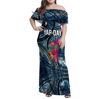 Yap Day Island Floral Tribal Heritage Family Matching Off Shoulder Maxi Dress and Hawaiian Shirt Micronesian Hibiscus Pattern Polynesian Tattoo Blue Art