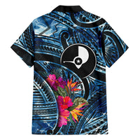Yap Day Island Floral Tribal Heritage Family Matching Puletasi and Hawaiian Shirt Micronesian Hibiscus Pattern Polynesian Tattoo Blue Art