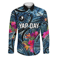 Yap Day Island Floral Tribal Heritage Family Matching Short Sleeve Bodycon Dress and Hawaiian Shirt Micronesian Hibiscus Pattern Polynesian Tattoo Blue Art