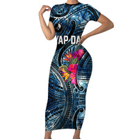 Yap Day Island Floral Tribal Heritage Family Matching Short Sleeve Bodycon Dress and Hawaiian Shirt Micronesian Hibiscus Pattern Polynesian Tattoo Blue Art