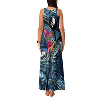 Yap Day Island Floral Tribal Heritage Family Matching Tank Maxi Dress and Hawaiian Shirt Micronesian Hibiscus Pattern Polynesian Tattoo Blue Art