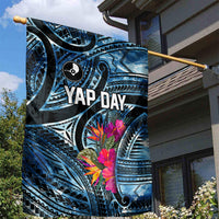 Yap Day Island Floral Tribal Heritage Garden Flag Micronesian Hibiscus Pattern Polynesian Tattoo Blue Art