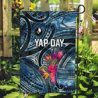 Yap Day Island Floral Tribal Heritage Garden Flag Micronesian Hibiscus Pattern Polynesian Tattoo Blue Art
