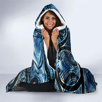 Yap Day Island Floral Tribal Heritage Hooded Blanket Micronesian Hibiscus Pattern Polynesian Tattoo Blue Art