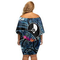 Yap Day Island Floral Tribal Heritage Off Shoulder Short Dress Micronesian Hibiscus Pattern Polynesian Tattoo Blue Art