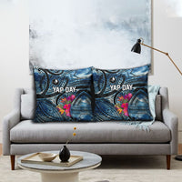 Yap Day Island Floral Tribal Heritage Pillow Cover Micronesian Hibiscus Pattern Polynesian Tattoo Blue Art