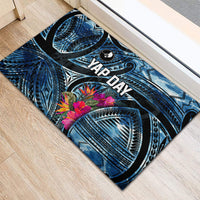 Yap Day Island Floral Tribal Heritage Rubber Doormat Micronesian Hibiscus Pattern Polynesian Tattoo Blue Art