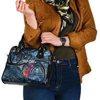 Yap Day Island Floral Tribal Heritage Shoulder Handbag Micronesian Hibiscus Pattern Polynesian Tattoo Blue Art