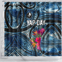 Yap Day Island Floral Tribal Heritage Shower Curtain Micronesian Hibiscus Pattern Polynesian Tattoo Blue Art