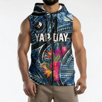 Yap Day Island Floral Tribal Heritage Sleeveless Zip Hoodie Micronesian Hibiscus Pattern Polynesian Tattoo Blue Art