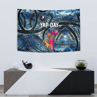 Yap Day Island Floral Tribal Heritage Tapestry Micronesian Hibiscus Pattern Polynesian Tattoo Blue Art