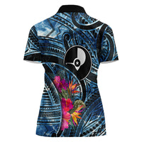 Yap Day Island Floral Tribal Heritage Women Polo Shirt Micronesian Hibiscus Pattern Polynesian Tattoo Blue Art