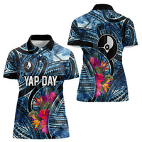 Yap Day Island Floral Tribal Heritage Women Polo Shirt Micronesian Hibiscus Pattern Polynesian Tattoo Blue Art