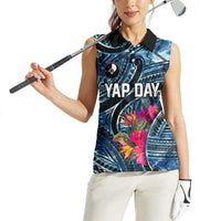 Yap Day Island Floral Tribal Heritage Women Sleeveless Polo Shirt Micronesian Hibiscus Pattern Polynesian Tattoo Blue Art